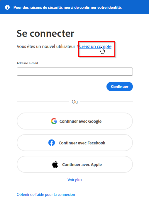 Image décrivant la manière de s'inscrire. Il faut cliquer sur le lien Créez un compte